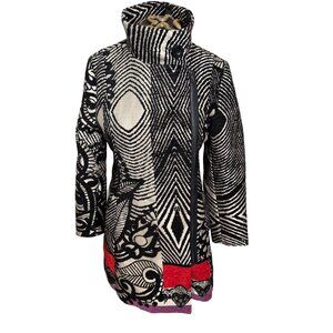 VTG Artsy Desigual We love Womens 40 Patchwork Tapestry Trench Coat Jacket Retro